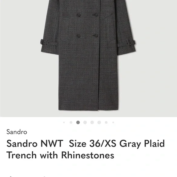 Sandro Checked Rhinestone-Embellished Trench Coat in Gray & Blue - Picture 3 of 9